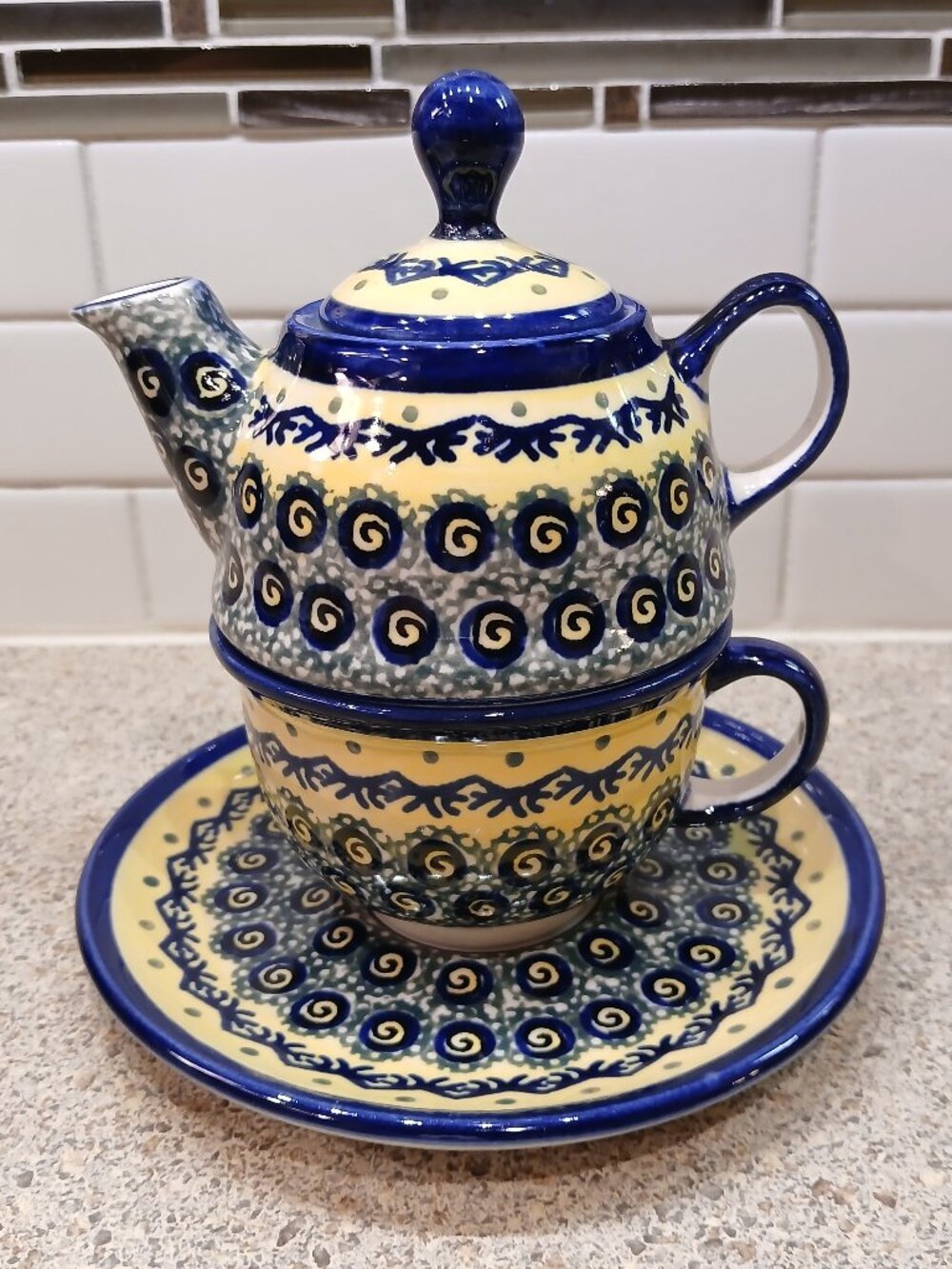 Polish Pottery Stacked Teapot, Cup and Saucer Set